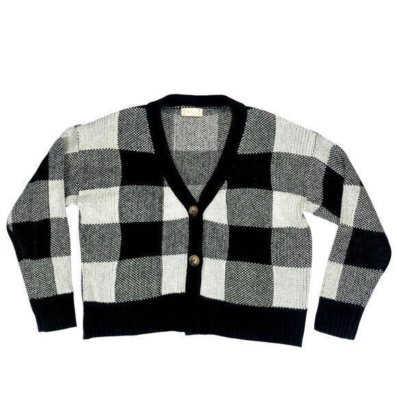 Altar'd State Cardigan Sweater Womens M Black White Checked Classic Chunky Knit - Picture 3 of 16